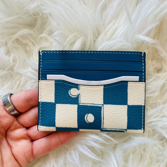COACH CR396 Slim Id Card Case Checkerboard Print Coated Canvas & Leather Blue - Picture 4 of 7